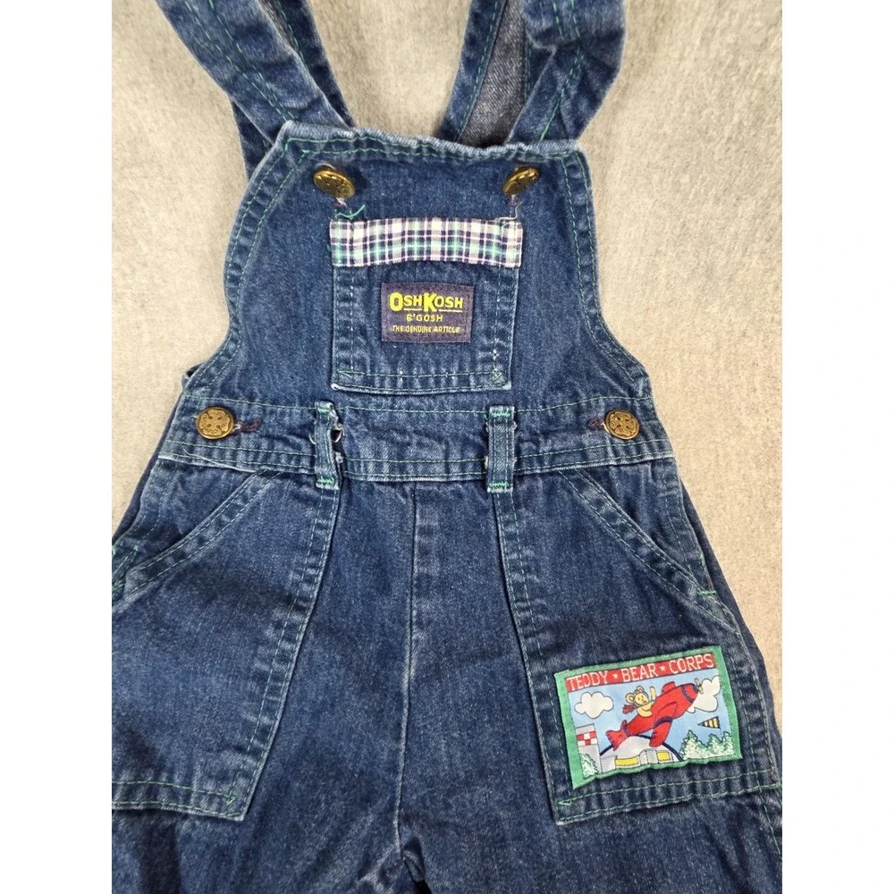 Vintage Oshkosh Baby B Gosh Denim Overalls 12M Airplane Teddy Bear Plaid USA